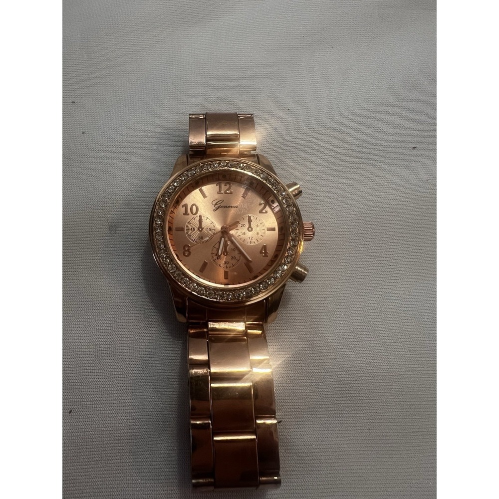 Geneva Watch Women's Rose Gold, Rhinestones On Bezel, Stainless Steel Band